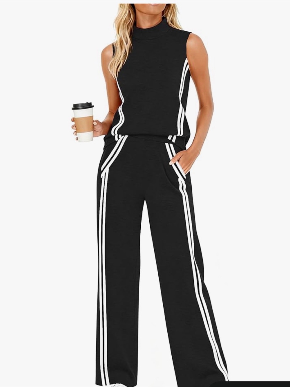 Sleeveless Black Wide-Leg Jumpsuit with White Stripes